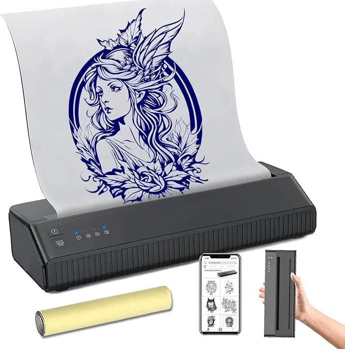 Portable Tattoo Stencil Printer, with Free 10pcs Transfer Paper, Wireless Tattoo Transfer Thermal Copier Machine Rechargeable Mini Printer, Compatible with iOS＆Android Phone ＆ iPad ＆ Laptop