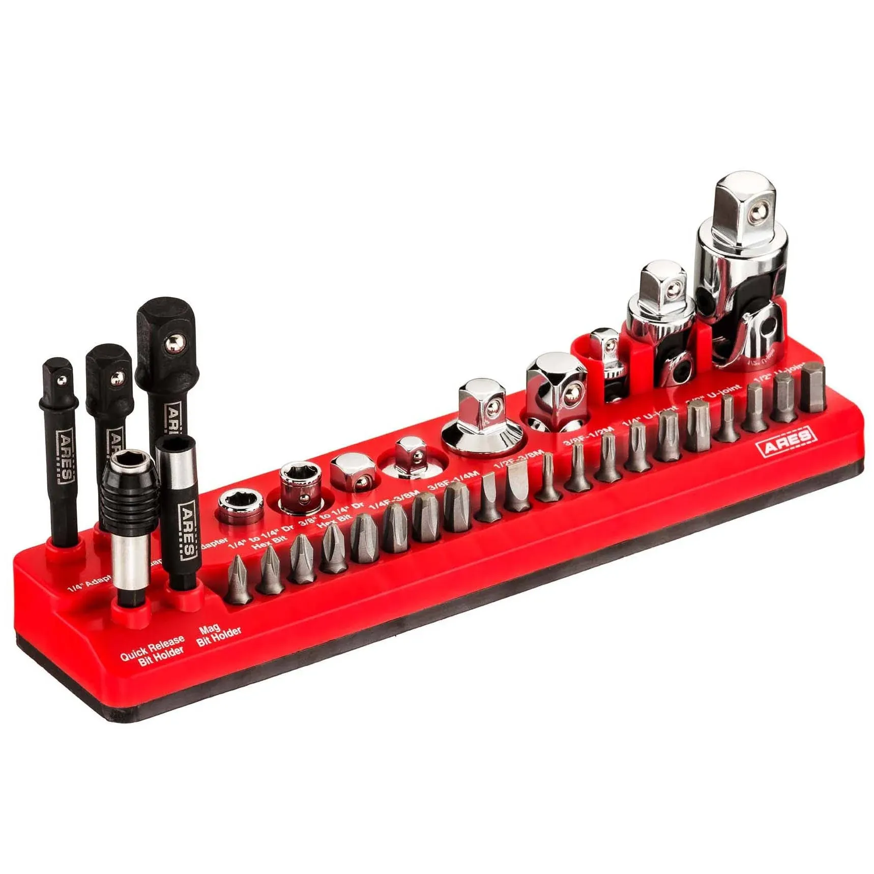 ARES 70751-34-Piece Tool Accessory Set - Includes Socket Adapters, Universal Joints, Bit Holders, and Bits - Magnetic Organizer for Ideal Accessory Storage