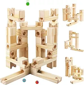 Wooden Marble Run for Kids Ages 4-8, 60 Pieces Wood Building Blocks Toys and Construction Play Set, Marble Track Maze Game STEM Learning Toys Gifts for Boys Girls (60pc Set)