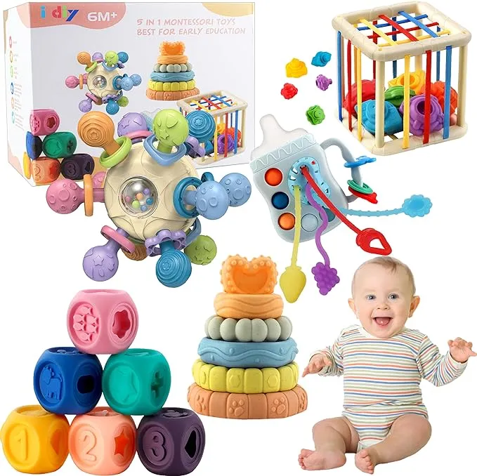 Baby Toys 0-6-12 Months,Montessori Toys for babise 0-6-12-18 Months,Incl Pull String Toy & Shape Sorter & Stacking Baby Block & Manhattan Ball & Baby Blocks，Montessori Baby Toys for 1 + Year