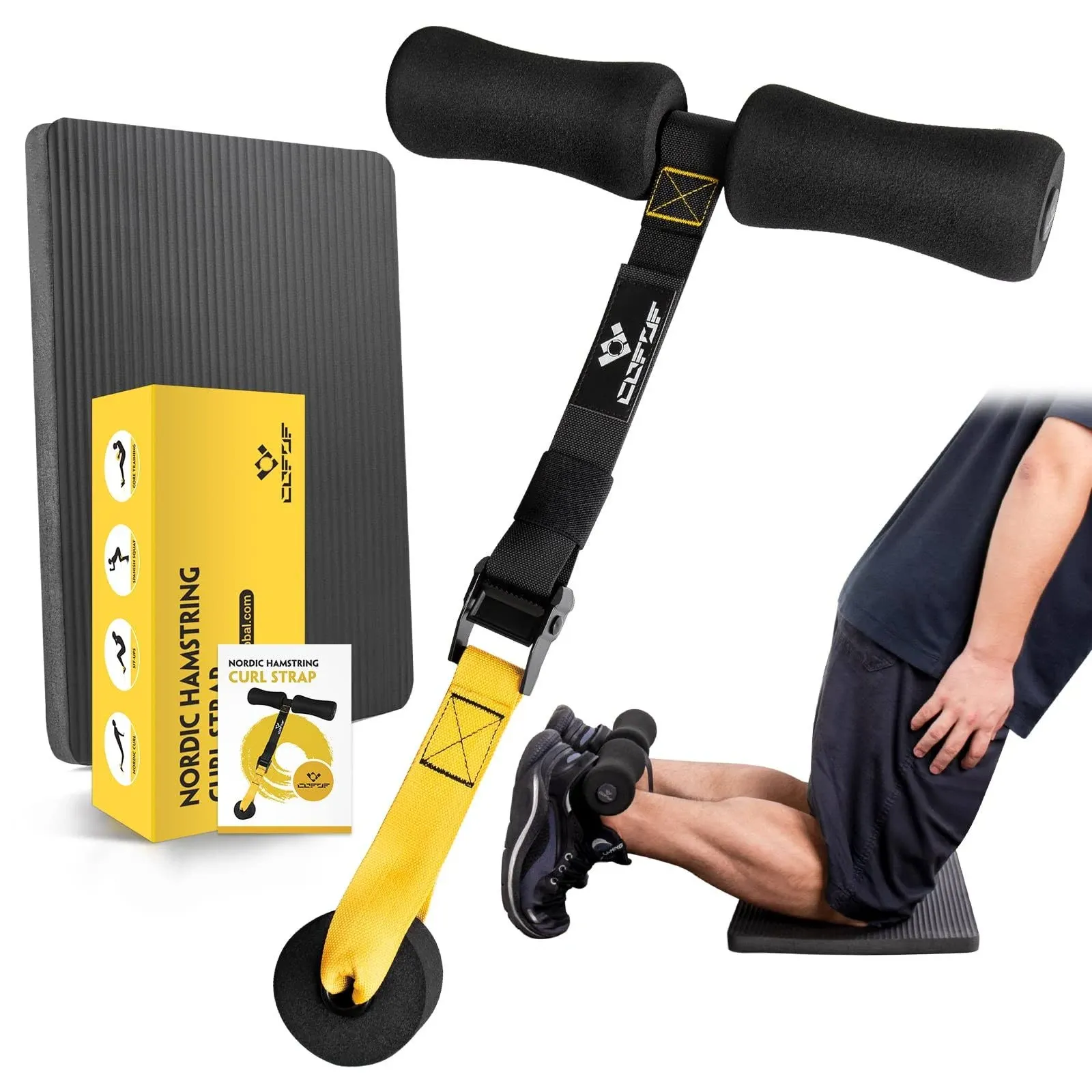 Nordic Hamstring Curl Strap with Fitness Knee Mat, Holds 420 Pounds for Hamstring Curls, Sit Up Bar for Floor, Spanish Squats, Ab Workout, 5 Seconds Setup Nordic Curl Home Fitness Equipment (Yellow)Nordic Hamstring Curl Strap with Fitness Knee Mat, Hold…