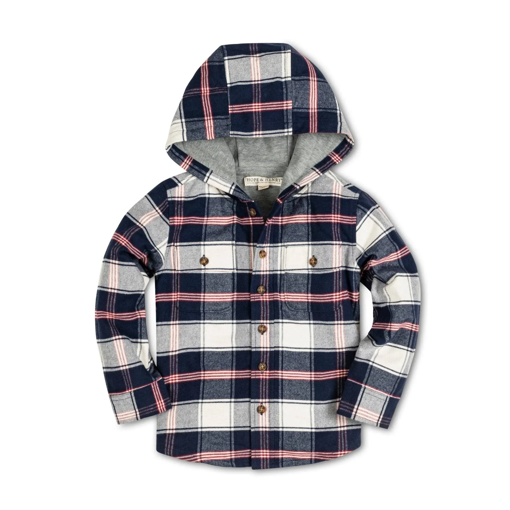 Hope & Henry Boys Long Sleeve Hooded Flannel Shirt Jacket - Large Navy and Ivory ...