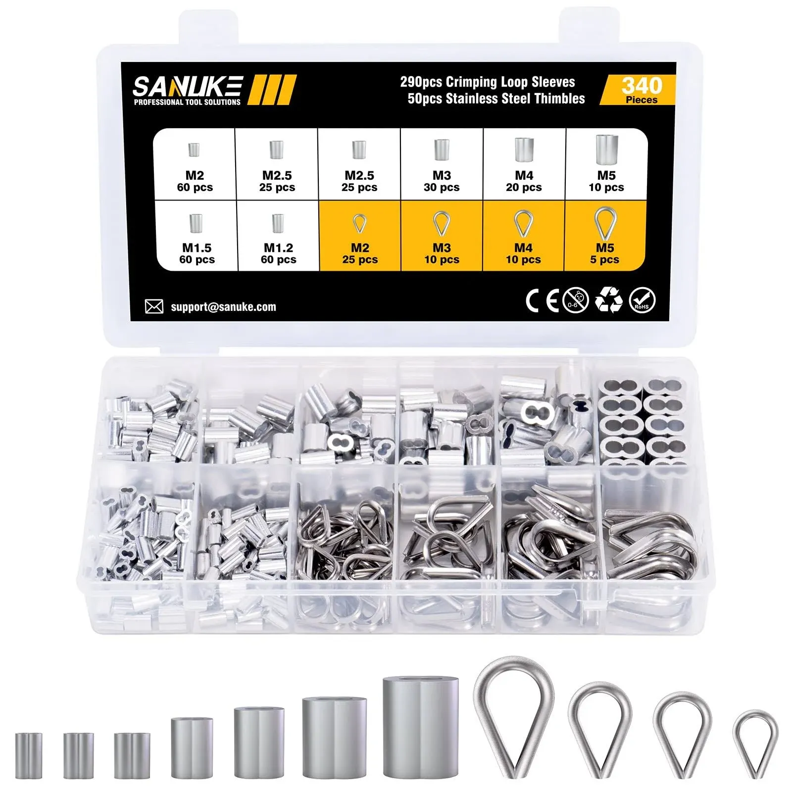 Sanuke 340pcs Stainless Steel Wire Rope Cable Thimbles Aluminum Crimping Loop ...