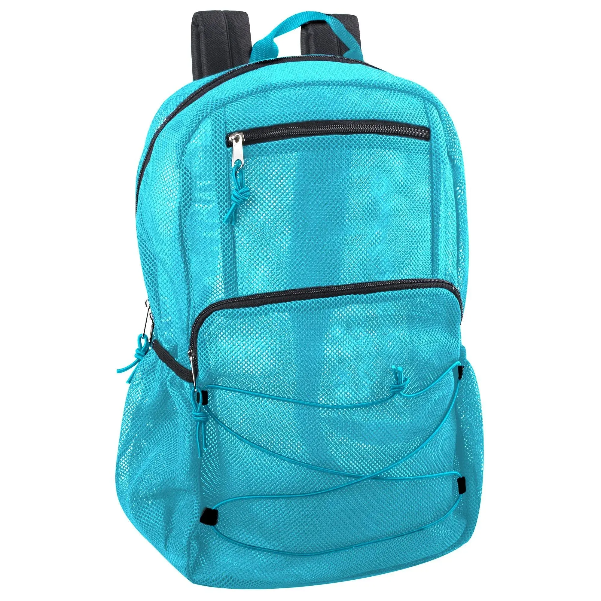 Deluxe See Through Mesh Backpack with Bungee Cord & Adjustable Padded Straps for Swimming, Travel (Aqua)