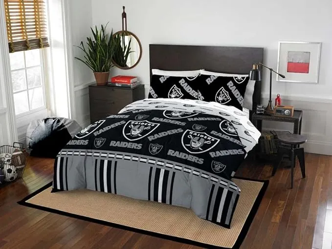 NFL LAS VEGAS RAIDERS 5PC COMFORTER SET SUPER SOFT, BREATHABLE, HYPOALLERGENIC, FADE RESISTANT - QUEEN SIZE