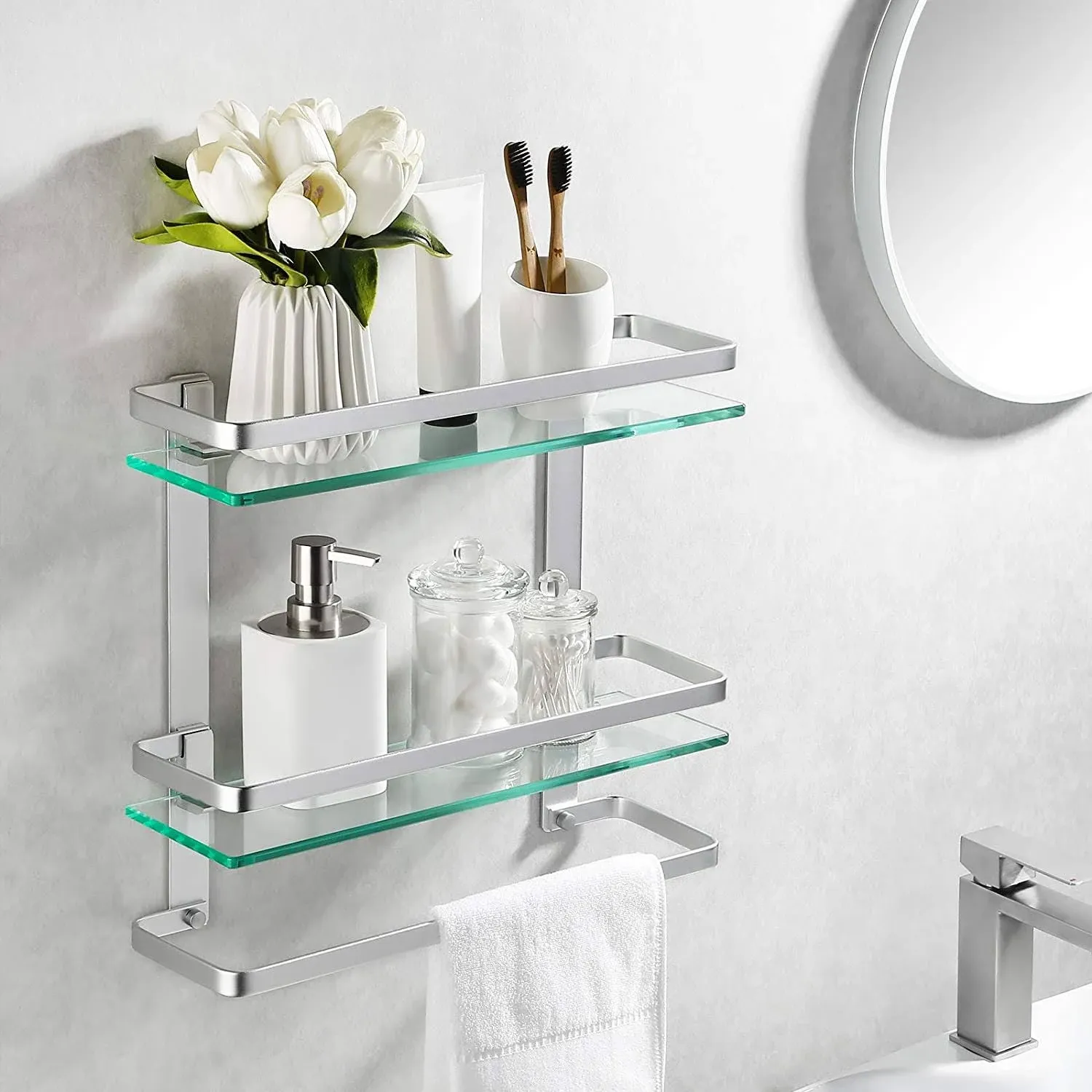 Bathroom Tempered Glass Shelf 2 Tier Storage Glass Shelf Rectangular With Bar Wa