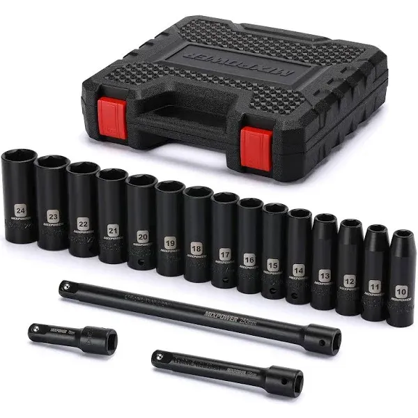 18 Pieces 1/2inch Drive Deep Impact Socket Set Includes 10mm To 24mm 3&#034; 5&#034; 10&#034; E