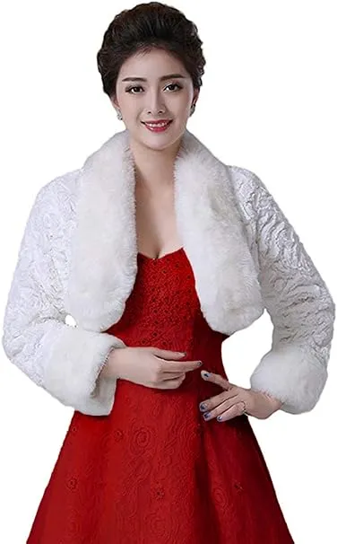 Oncefirst Women's Winter Faux Fur Wedding Jacket for Bride Wrap Shawl Bolero Jacket