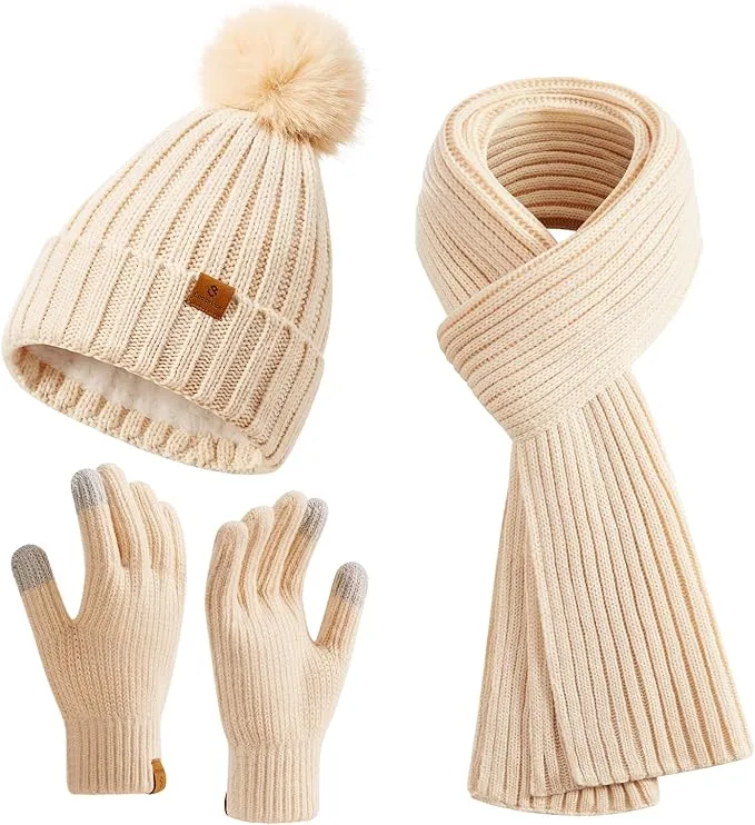 Womens Winter Beanie Hat Gloves Set Long Scarf Touchscreen Gloves Set with Fleece Lined Warm Knit Beanie Cap