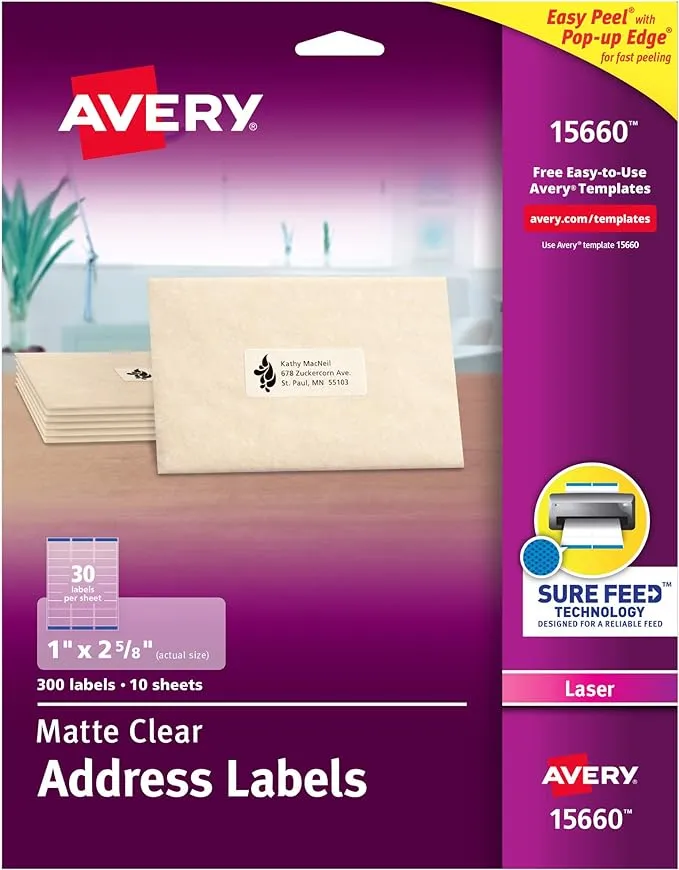 Avery Printable Address Labels for Laser Printers, 1" x 2-5/8", Matte Clear, 300 Blank Mailing Labels, 5 Packs (15660)