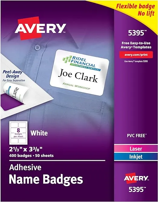 Avery 5395 - Adhesive Name Badges, Laser or Inkjet, White - 400 Count