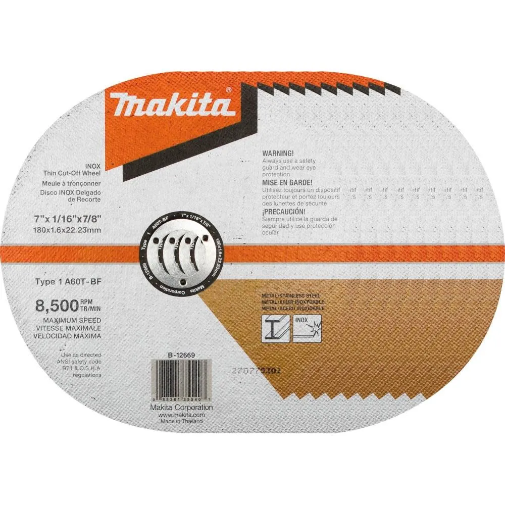 Makita 7in x 1/16in x 7/8in INOX Thin Cut-Off Wheel 60 Grit 10/pk