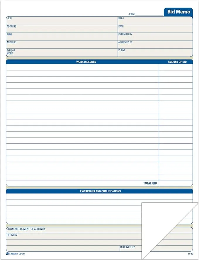 Adams Bid Memos, 8.38 x 11.44 Inches, White, 50 Sheets (D8120)