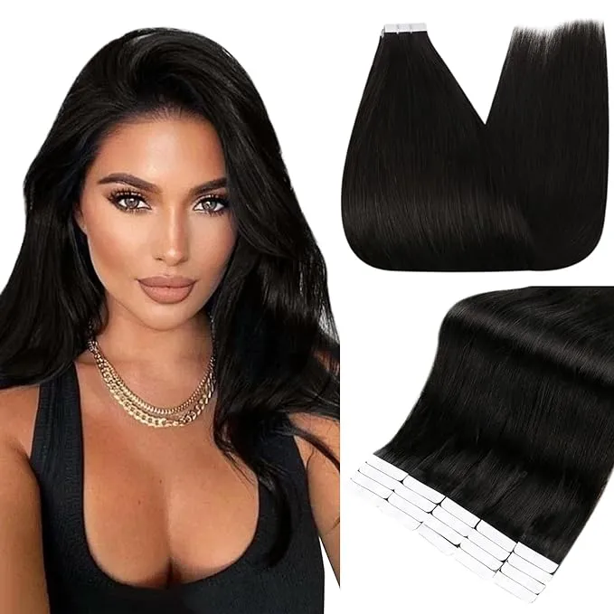 Fshine Full Shine Tape on Hair Extensions 12 inch Human Hair Tape in Extensions Color 1B Off Black 30 Grams Tape in Human Hair Extensions 20 Pcs Remy