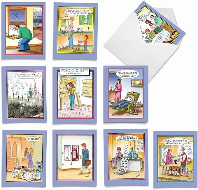 M6616BDG Tom Cheney Toons: 10 Assorted Birthday Note Cards Featuring An Assortment of Hilariously Funny Cartoons by Tom Cheney, w/White Envelopes.