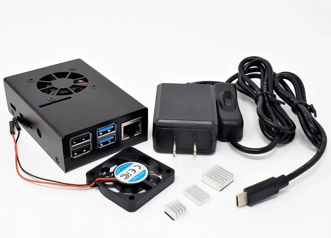 Micro Connectors Aluminum Case Kit with Power Adapter and Fan for Raspberry Pi 4 - Black