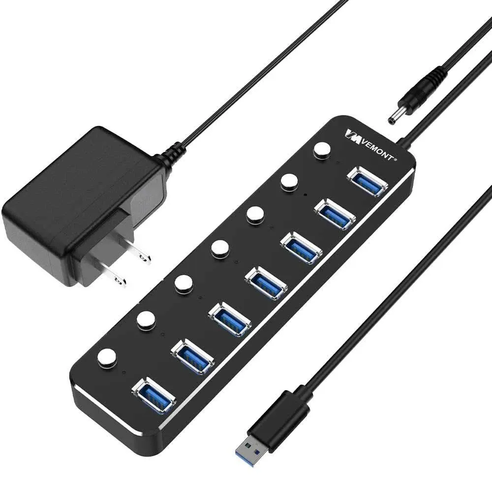 Vemont Powered USB Hub 3.0,Aluminum USB Hub 3.0 7 Port Data Hub Splitter with 5V ...