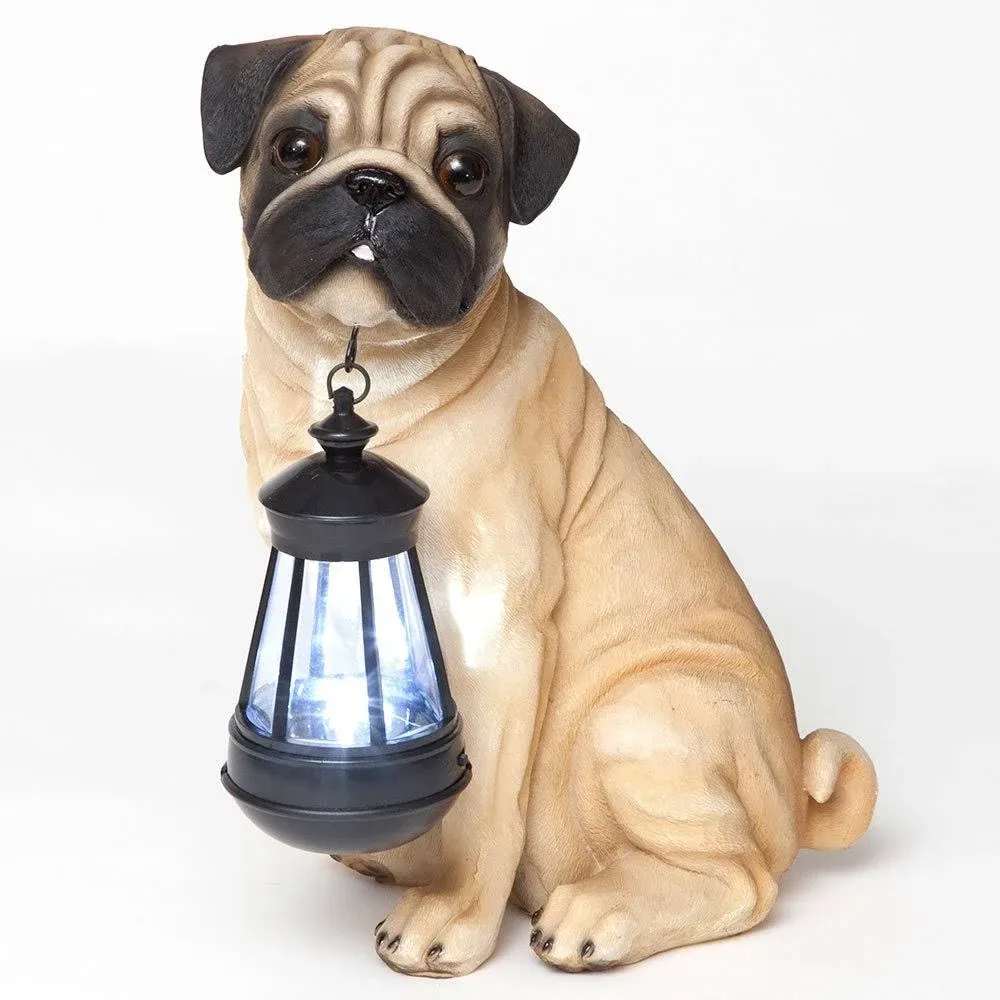 Realistic Fawn Pug Dog Garden Sculpture Holding Solar Lighted Lantern