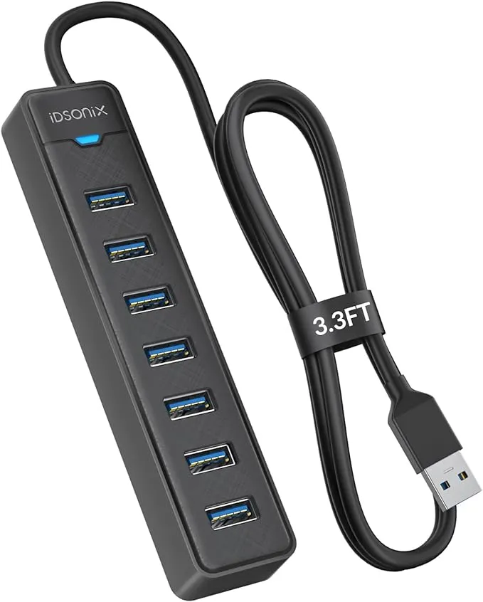 iDsonix 7 Ports USB Hub 3.0 [3.3Ft] USB Expander Hub 5Gbps USB Splitter Multiport Adapter, USB Hub Long Cable for PC, Laptop, Flash Drive, Mobile HDD, Windows/XPS, 1m