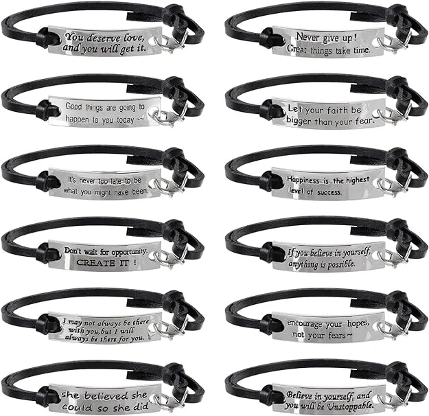 AleapDoll Christmas Stocking Stuffers Gifts 12 Pcs Bulk Inspirational Gifts Leather Bracelets for Women Motivational Quotes Message Encouragement Cuff