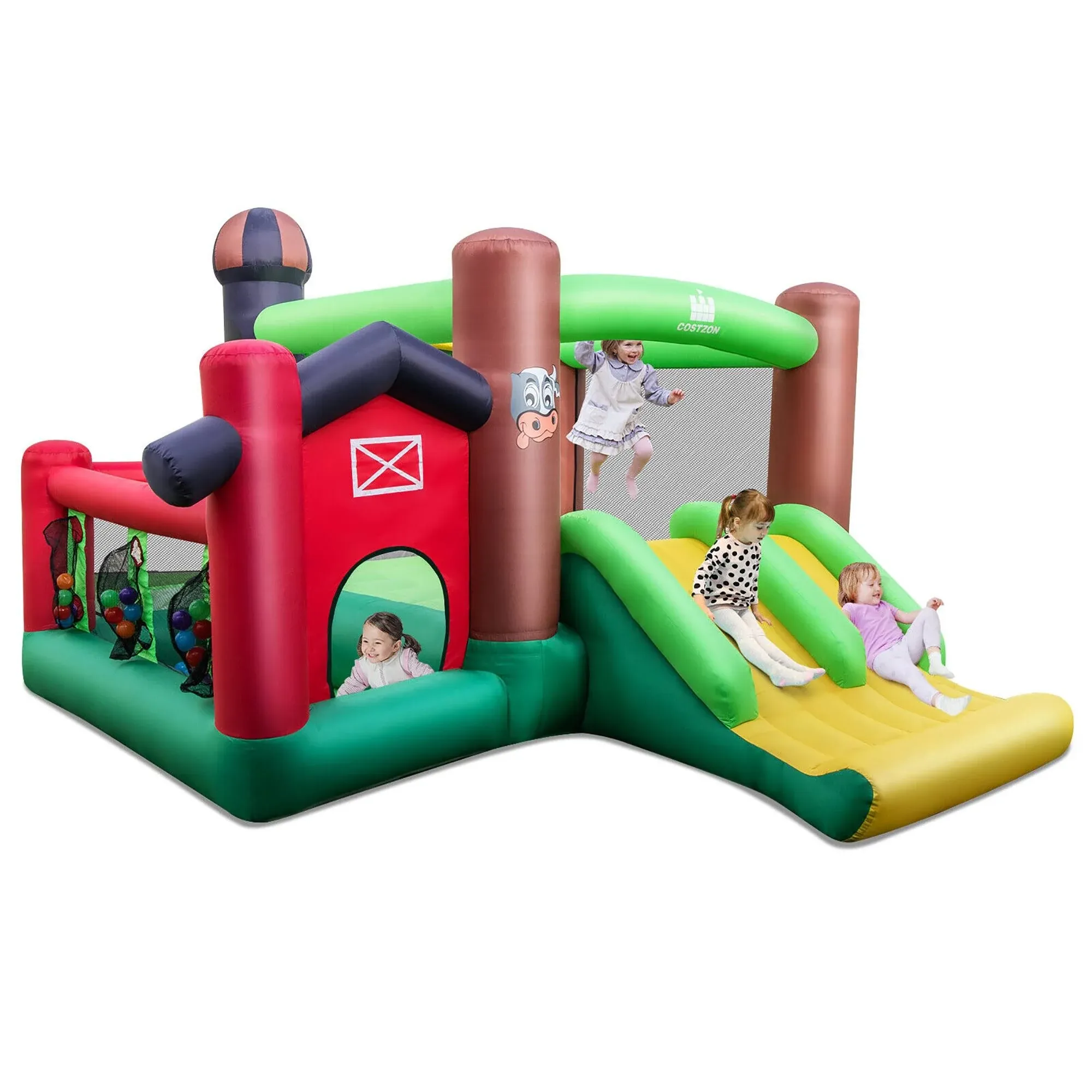 Costway Farm Themed Inflatable Castle Kids Bounce House w/ Double Slides Blower ...