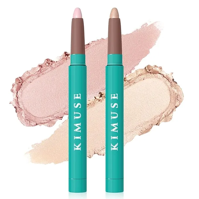 KIMUSE 2PCS Eyeshadow Stick, Waterproof Eye Shadow Brightener Stick, Glitter Highlighter Makeup Eye Liner, Shimmer Creamy Long Lasting Eye Makeup