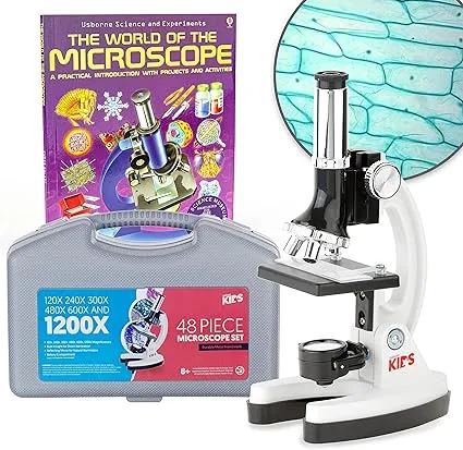 AmScope 1200x 48-pcs Kids Student Beginner Microscope Kit with Slides LED Light Carrying Box and Book The World of The Microscope