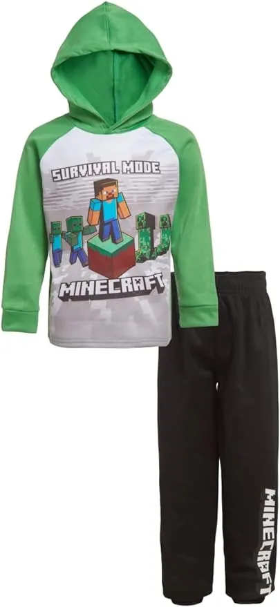 Minecraft Boys 2 Piece Fleece Pants Sets, Pullover Hoodie and Jogger Set for Boys