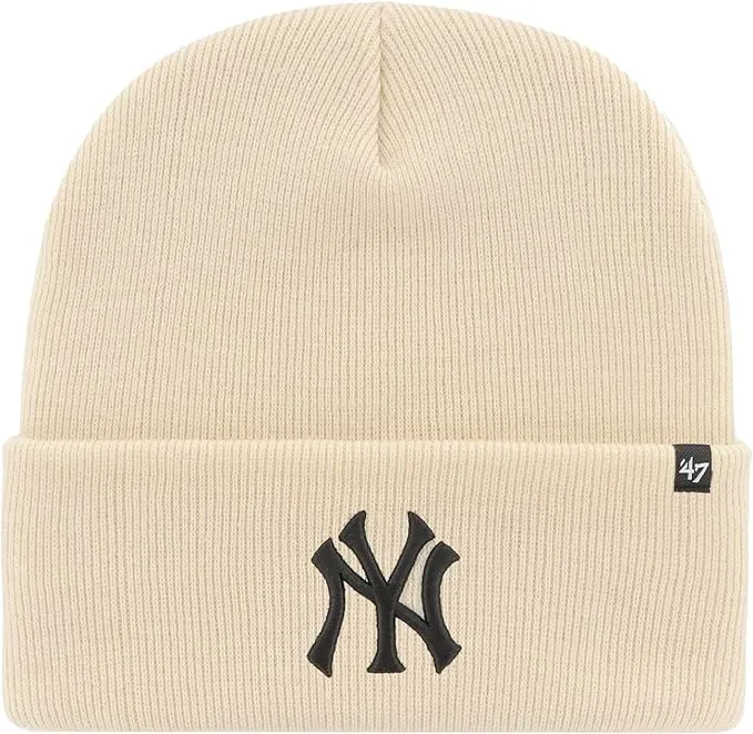 '47 New York Yankees Mens Womens Cuffed Knit Winter Hat, Stretch Fit, Cream/Natural White, Black Logo, One Size