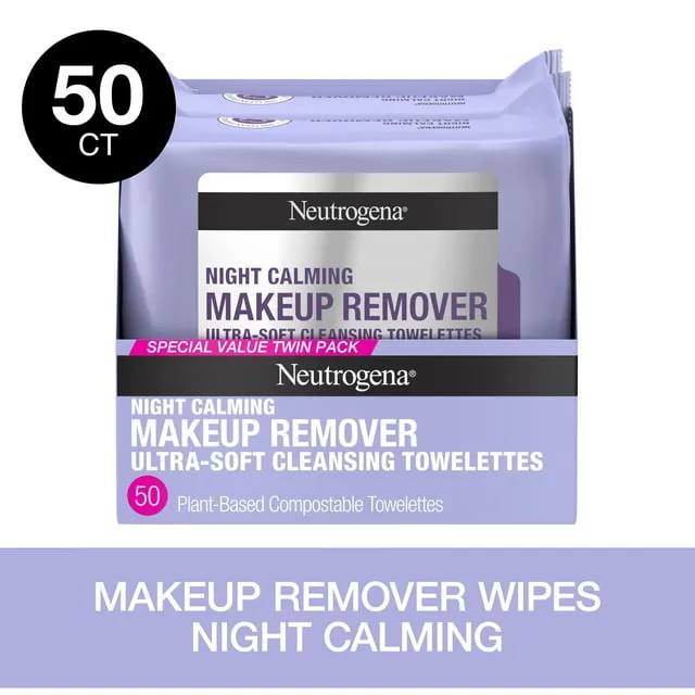 Neutrogena Makeup Remover Night Calming Wipes & Face Cleansing Towelettes, 25 ct, 2 pack