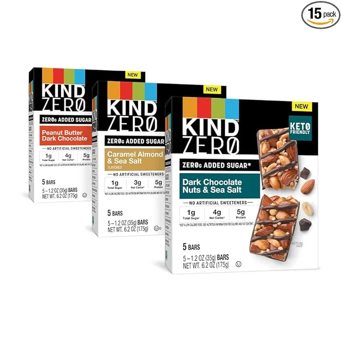 KIND ZERO Added Sugar Bars, Variety Pack, Dark Chocolate Nuts and Sea Salt, Peanut Butter, Caramel Almond, 1g Sugar, Keto Friendly Snacks, 5g Protein, 15 Count