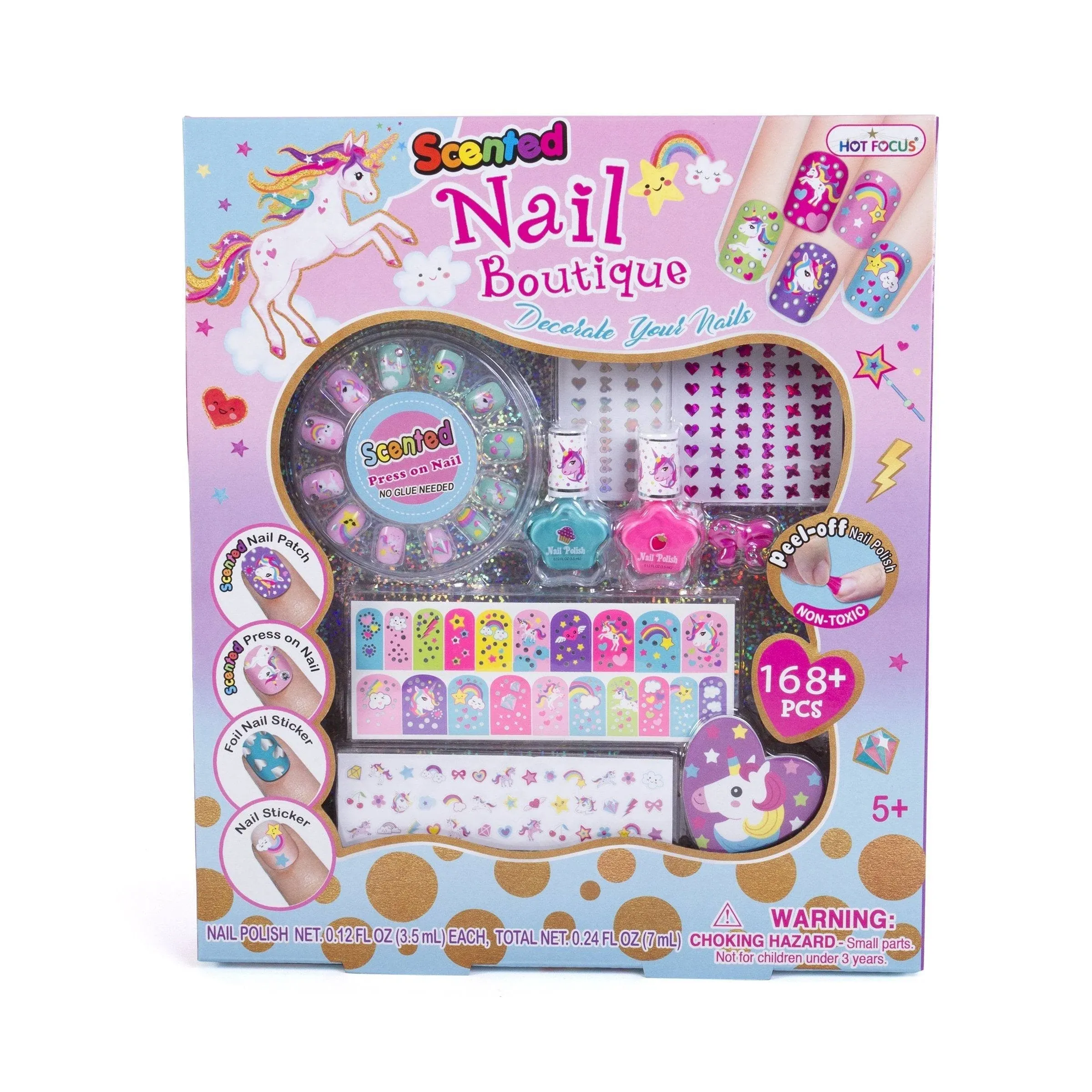 Hot Focus Scented Nail Boutique – 168 Piece Unicorn Nail Art Kit Includes Press on Nails, Nail Patches, Nail Stickers, Nail Polishes, Nail File and Ring – Non-Toxic Water Based Peel Off Nail Polish