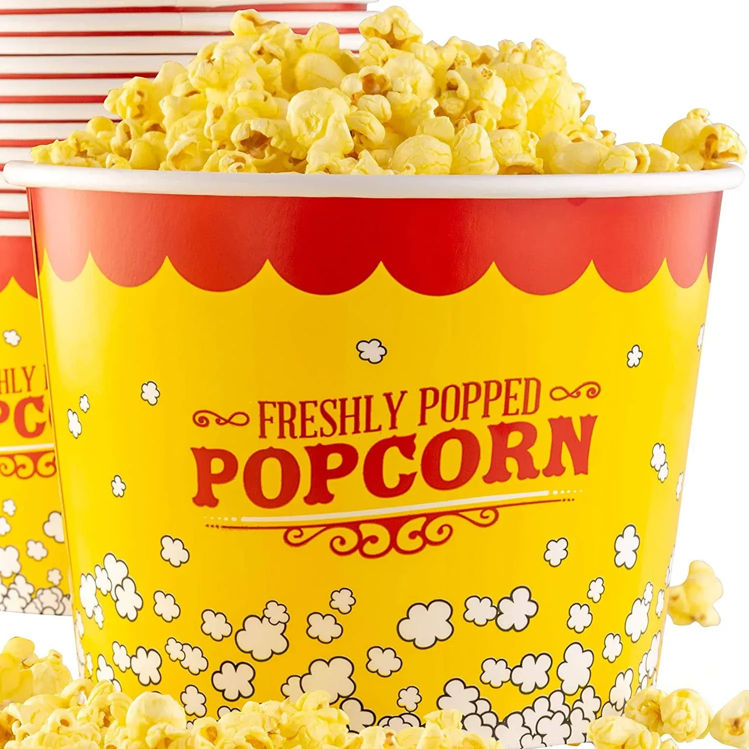 Greaseproof, Retro 85oz Popcorn Buckets 150 Pack. Reusable and Durable Pop Corn Tubs in Red Yellow. Large Disposable Containers Perfect For Movie Night, Theme Party, Theater, Carnivals & Fundraisers