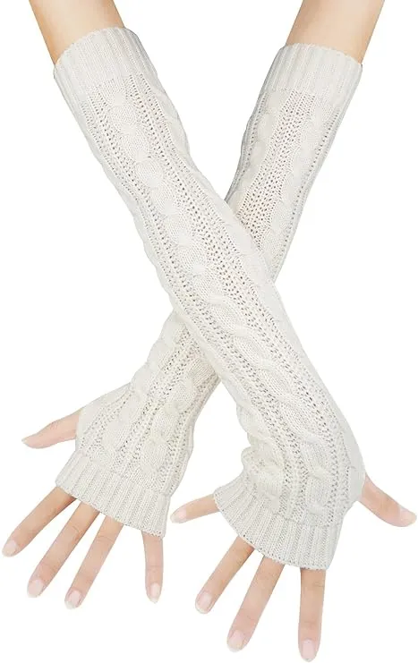 Bellady Womens Ladys Fingerless Design Thumb Hole Arm Warmer Gloves White, One Size