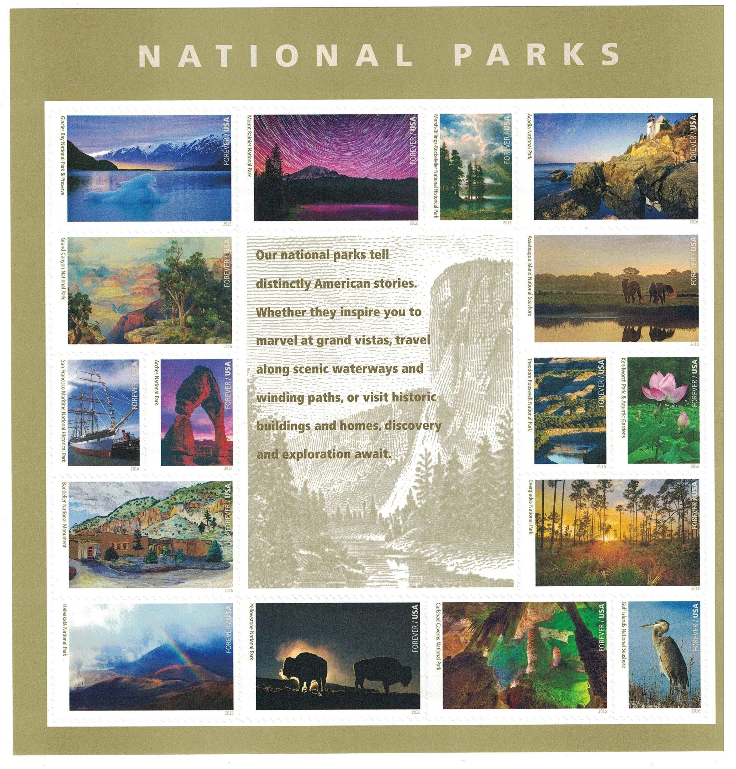 USPS National Parks Forever Stamps Sheet of 16 Postage Stamps 2016