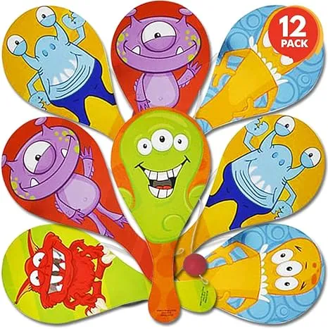 ArtCreativity Monster Figure Paddle Balls, Pack of 12, 9.25 Inch Wooden Paddleball with String, Assorted Bright Colors and Designs, Great Party Favors, Goodie Bag Fillers, Fun Activity for Kids