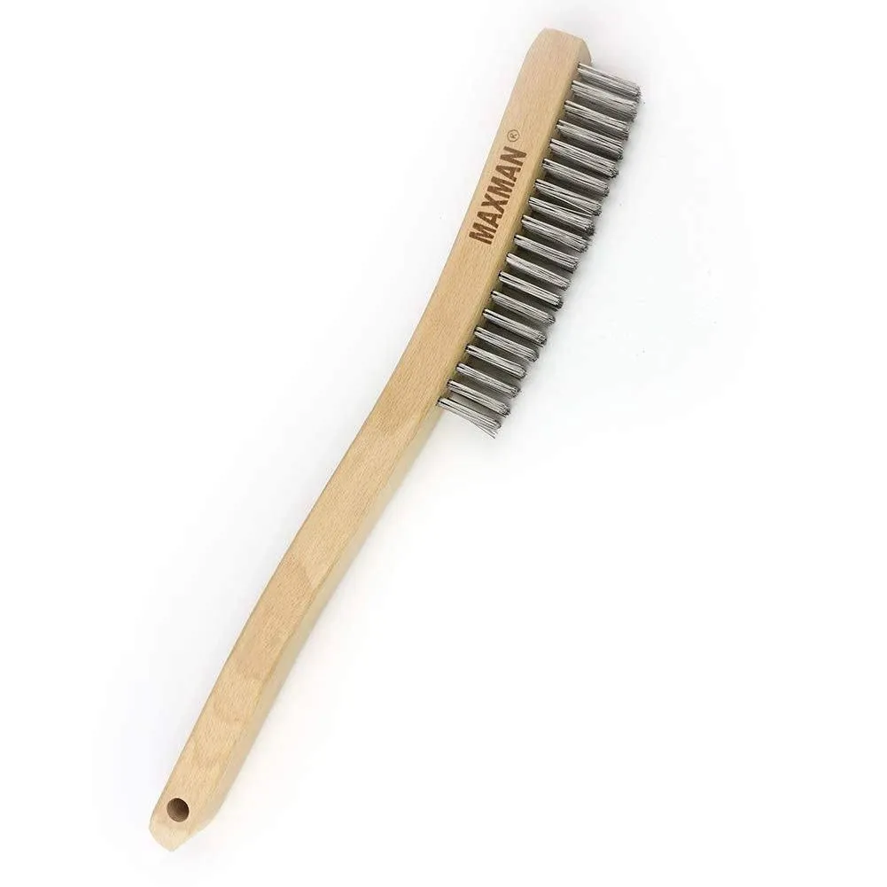 Maxman Wire Brush,Stainless Steel Wire Scratch Brush for Cleaning Rust with 14" Long Curved Beechwood Handle,Large