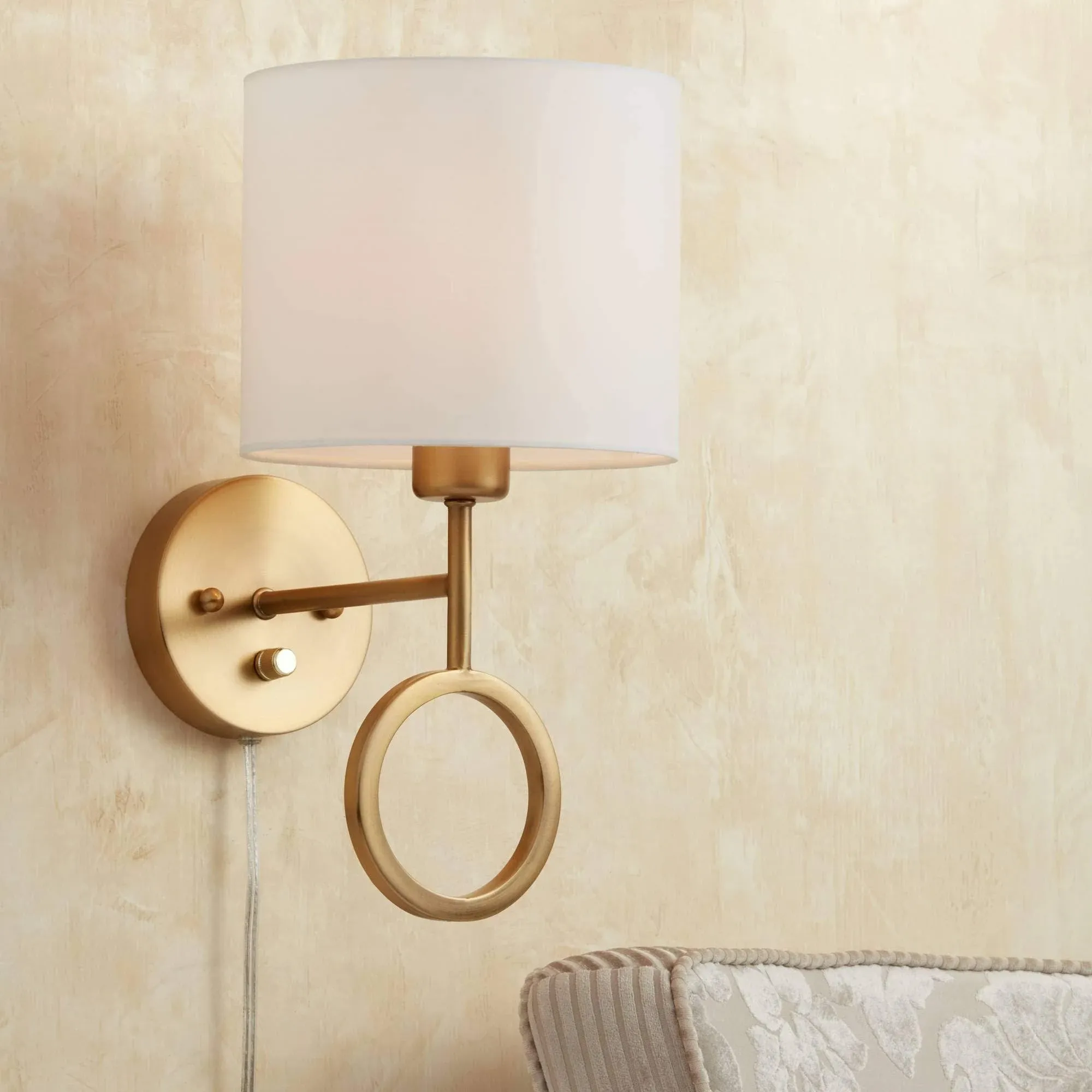 Amidon Wall Lamp Plug in Warm Brass Ring White Drum Shade for Bedroom Living Room ...