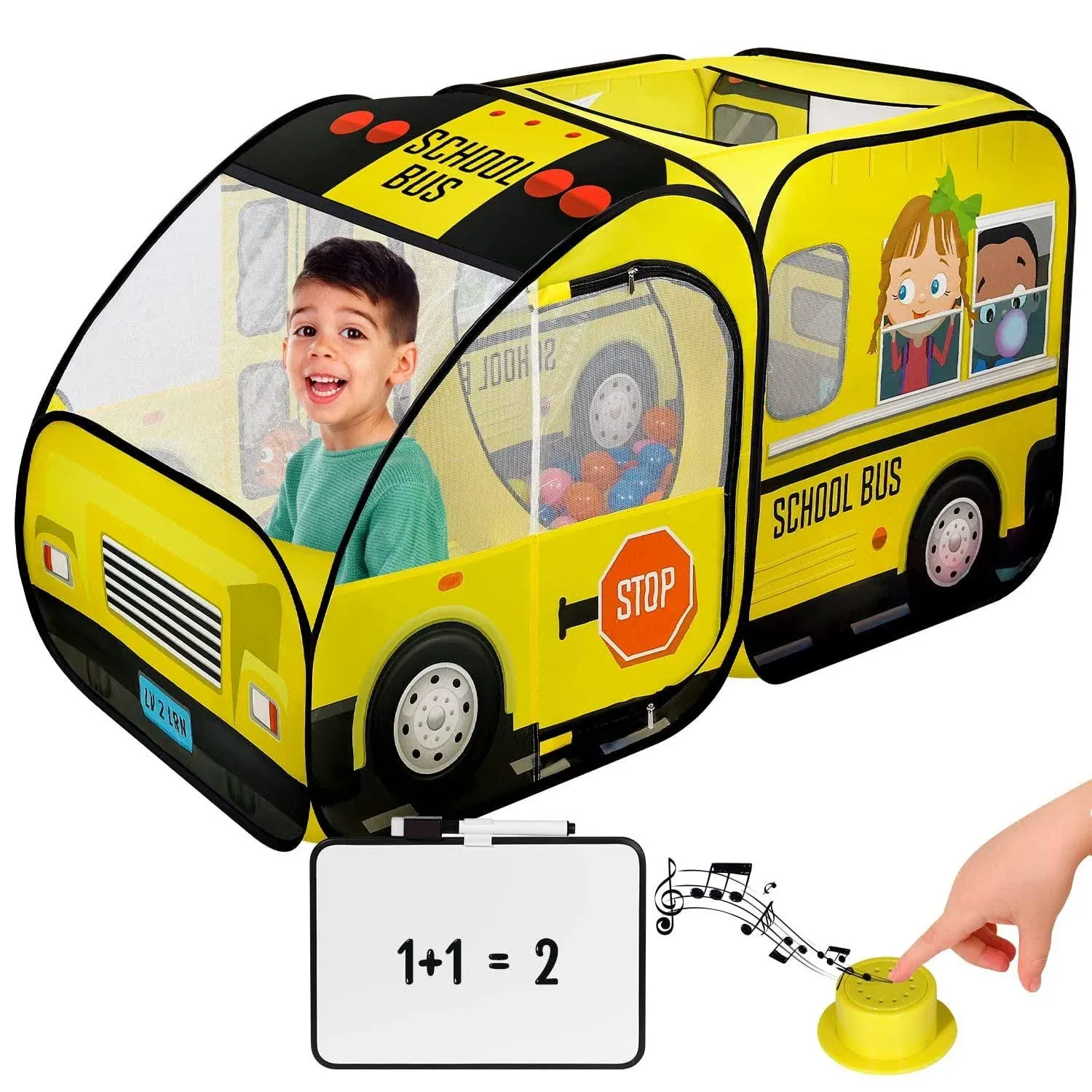 Kiddzery School Bus Pop-Up Kids Tent with Sound Play Button, Ball Pit for Toddler ...