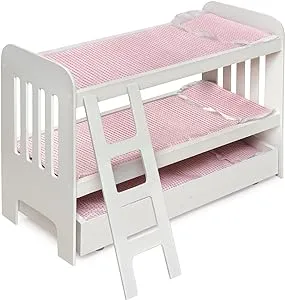 Badger Basket Wooden Trundle Doll Bunk Bed with Ladder, Bedding, and Personalization Kit - Fits 18-22 Inch Dolls, White/Pink for Pretend Play