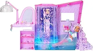 MERMAZE MERMAIDZ Playset Salon & Spa Playset with Lights, Bubble Wall, Working Shower, Bathtub, Beauty Station, and 19 Accessories