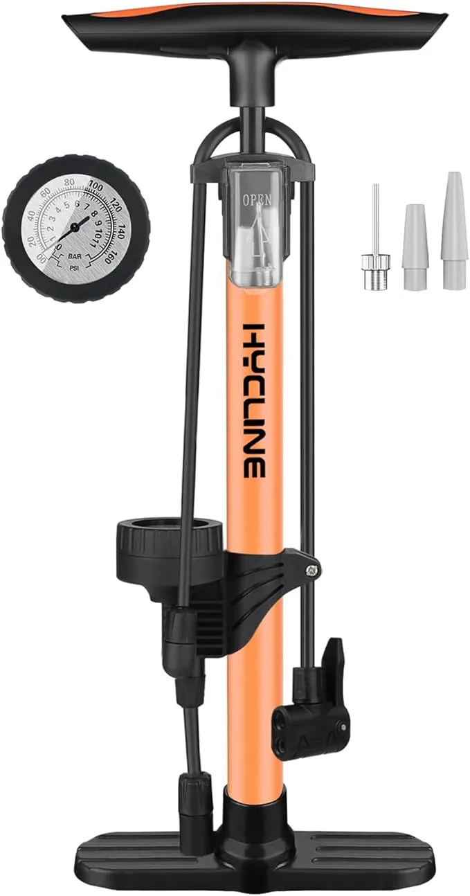 Hycline Bike Floor Pump: Bicycle Tire Pump 160 PSI High Pressure - Air Pumps with Presta and Schrader Valve - Inflator for MTB BMX Tires, Balls, Balloons, Inflatables