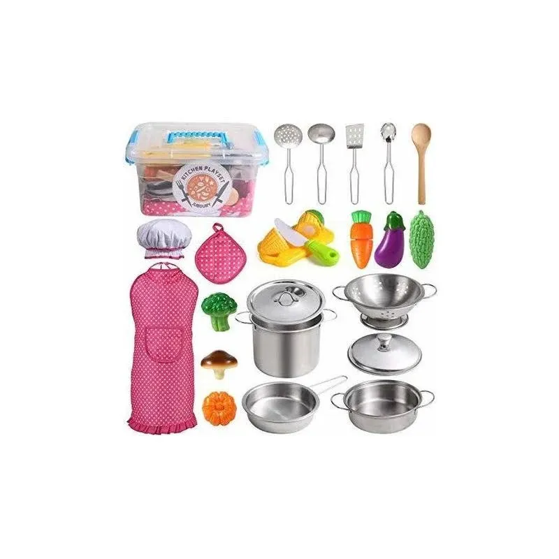 Juboury Kitchen Pretend Play Toys with Stainless Steel Cookware Pots and Pans Set ...