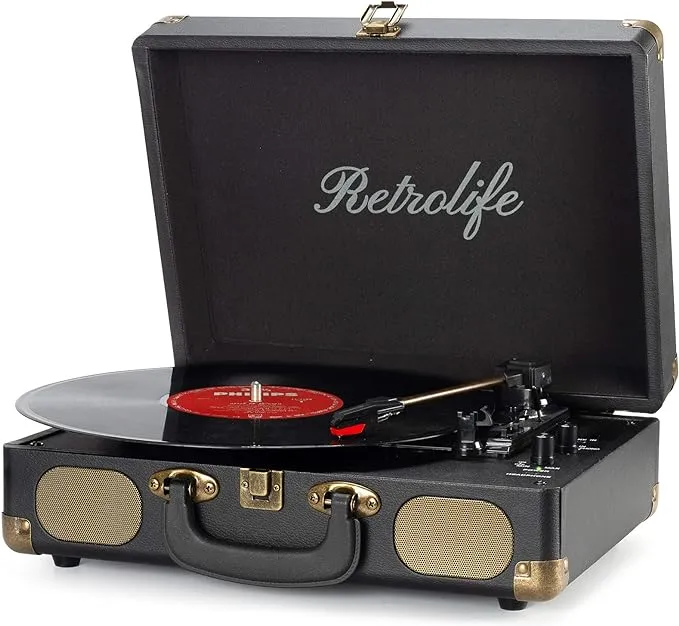 Vinyl Record Player 3-Speed Bluetooth Suitcase Portable Belt-Driven Record Player with Built-in Speakers RCA Line Out AUX in Headphone Jack Vintage Turntable