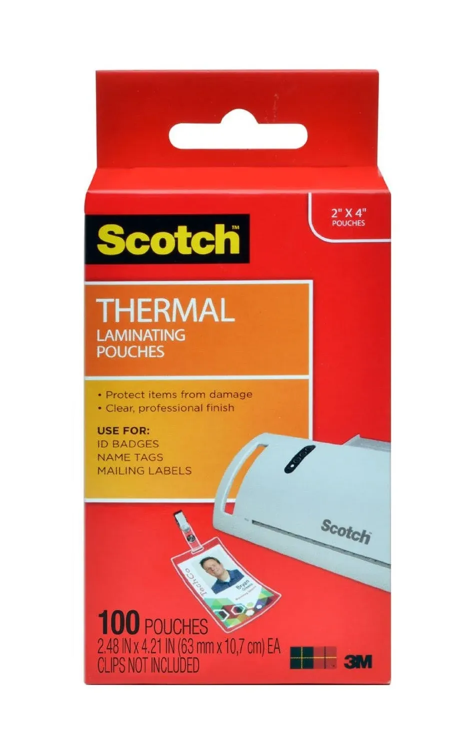 Scotch Thermal Laminating Pouches, 2.4 x 4.2-Inches, ID Badge Without Clip, 2 Pack, 200-Pouches Total (TP5852-100)