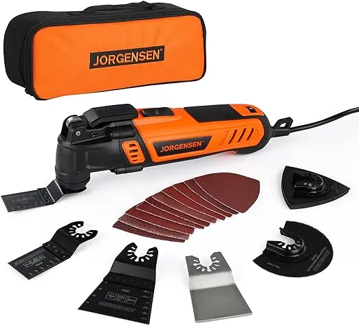 JORGENSEN Oscillating Tool 5°Oscillation Angle, 4 Amp Oscillating Multi Tools Saw, 7 Variable Speed with 16-piece Electric Multitool Blades & Carrying Bag - 70800