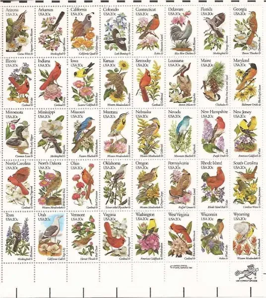 US Stamp 1982 State Birds & Flowers 50 Stamp Sheet - #1953-2002