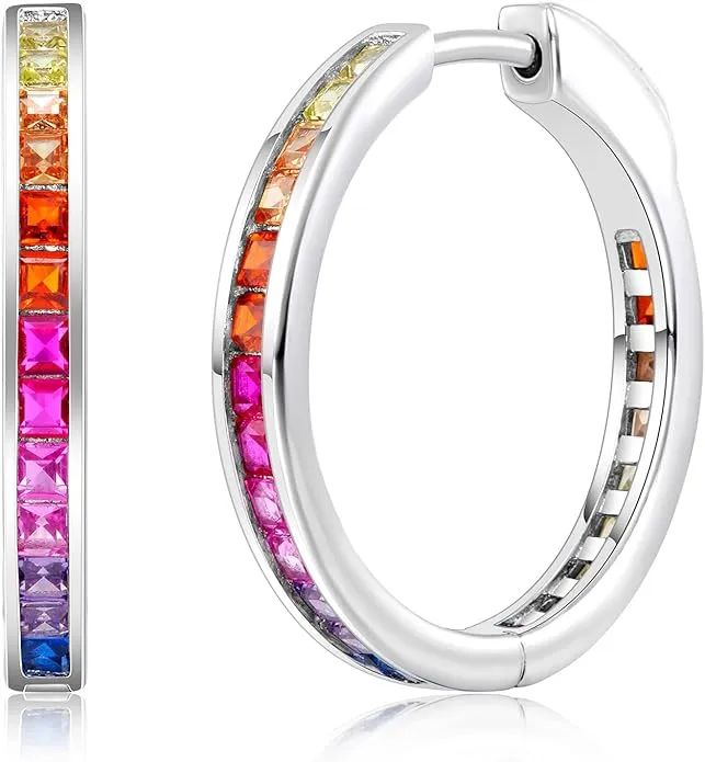 WES 925 Sterling Silver Hoop Earrings Colorful Cubic Zirconia Rainbow Hoop Earrings