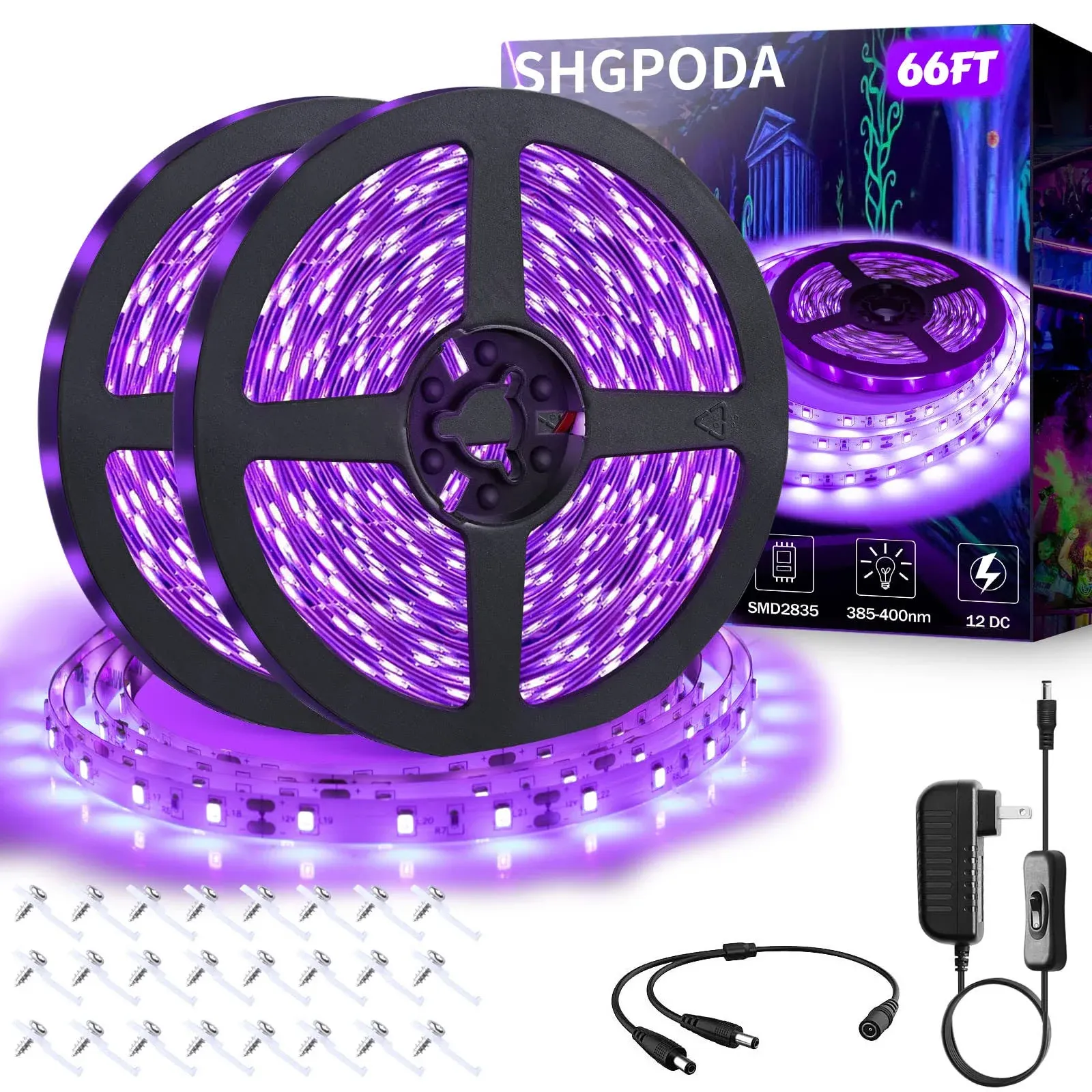 66ft/20M LED Black Light Strip Kit1200 Units Lamp Beads 385nm-400nm12V Flexib...