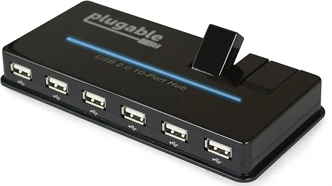 Plugable 10-Port USB 2.0 Hub, 20W power Adapter and Two Flip Up Ports